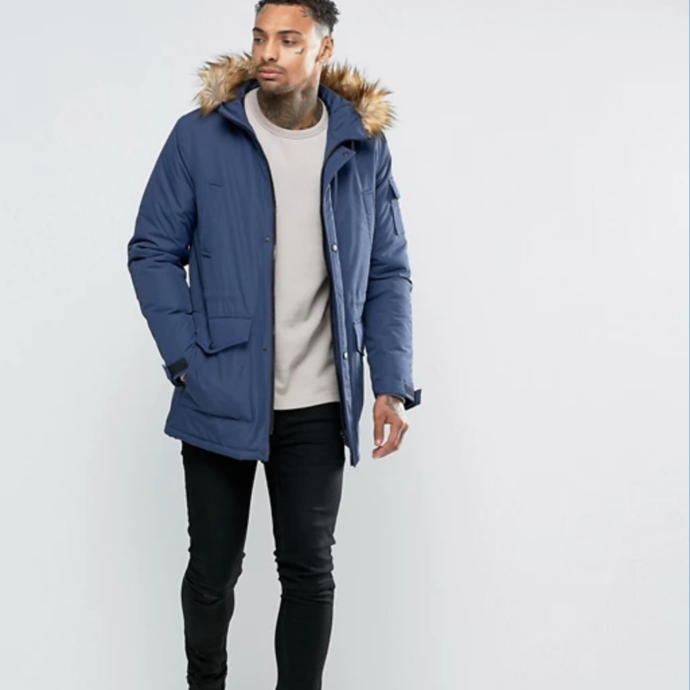 ASOS Parka jacket navy faux fur size small